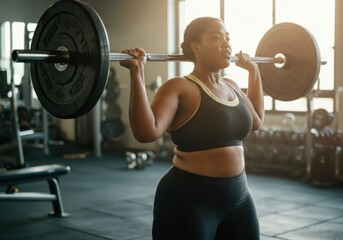 Curvy woman doing barbell shoulder press exercise during intense workout in modern gym