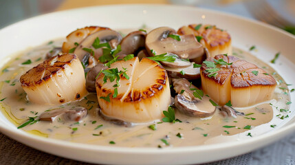 A plate of tender coquilles Saint-Jacques, with seared scallops served in a creamy white wine sauce with mushrooms and shallots, garnished with fresh parsley.