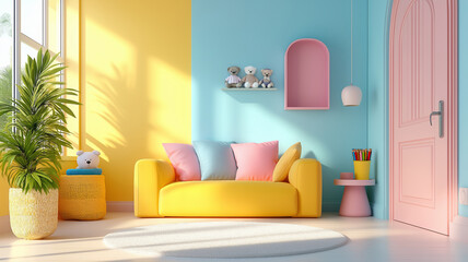Colorful children's bedroom interior design home photography bright environment front view playful concept for kids' spaces