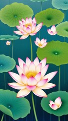 Lotus flowers with floating petals hand drawing