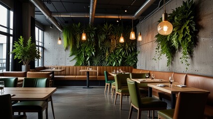Fototapeta premium Modern restaurant interior with lush green wall, wood tables, leather banquettes, and pendant lights.