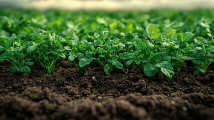 Obraz premium Fresh Green Seedlings Growing in Rich Dark Soil Under a Beautiful Sky in an Agricultural Field, Representing Sustainable Farming and Healthy Crops