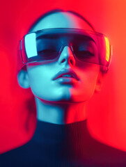A person wearing a bold, futuristic visor with intense blue and red lights, representing cutting-edge fashion and technology.