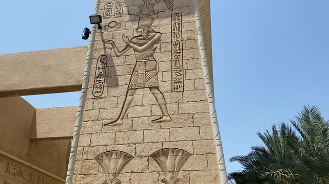 View of the Egyptian temple style pylons at the Egypt court entrance of the Ibn Battuta Mall. Ibn Battuta is the world's largest themed mall on Sheikh Zayed Road.
