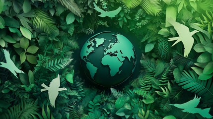 Earth Day Paper Cut-Out with Greenery and Flying Birds. AI generated illustration