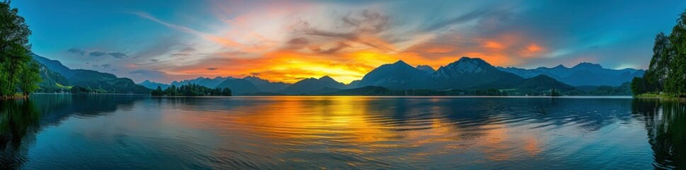 Obraz premium Sunset over a tranquil lake with mountains reflecting in the water, vibrant colors of orange, blue, and purple creating a stunning natural landscape Serene and peaceful atmosphere