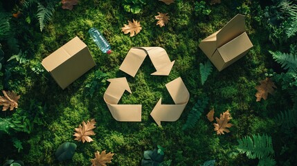 Recycling Symbol Made from Brown Paper Bags, Cardboard Boxes, and Plastic Bottles on Forest Green Grass, Moss, and Leaves. AI generated illustration
