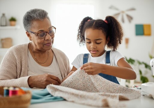 Grandmother and granddaughter sewing together at home, sharing a special moment and learning a new skill
