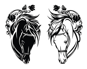 horse head with rose flowers and butterfly decorating mane - side view black and white vector outline of magic stallion with bridle