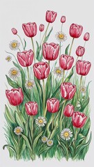 Obraz premium Springtime meadow with tulips and daisies hand drawing