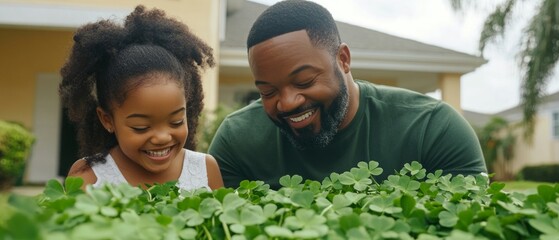 Celebrating Saint Patrick's Day, a father and his daughter smile joyfully as they explore a patch of clovers together in their vibrant garden
