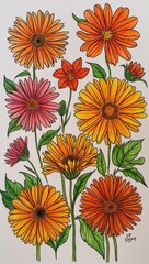 Summer flowers with bright warm tones hand drawing