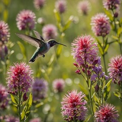 Fototapeta premium A tiny hummingbird sipping nectar from flowers in a vibrant spring meadow.