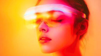 Obraz premium Close-up of a woman's face wearing bright, colorful glasses with optical and electronic influences blending together.