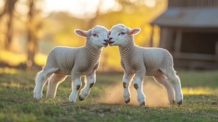 A pair of young lambs playfully butting heads in a grassy field during a sunny day.