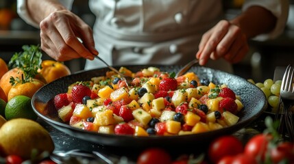 A chef skillfully prepares a colorful fruit salad with fresh strawberries, blueberries, and pineapple in a vibrant kitchen.