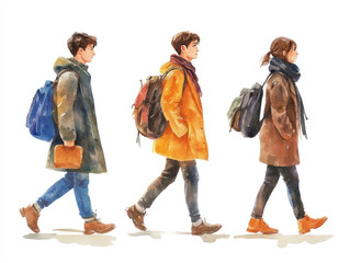 Fototapeta premium A watercolor illustration of three people walking in a row, done in a minimalist illustration style. 