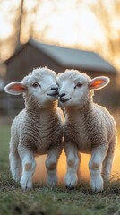 Obraz premium A pair of young lambs play together on a grassy field, enjoying the warm glow of sunset at a farm.
