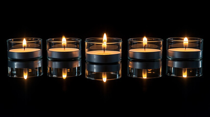 Row of burning tealight candles in glass holders on black background