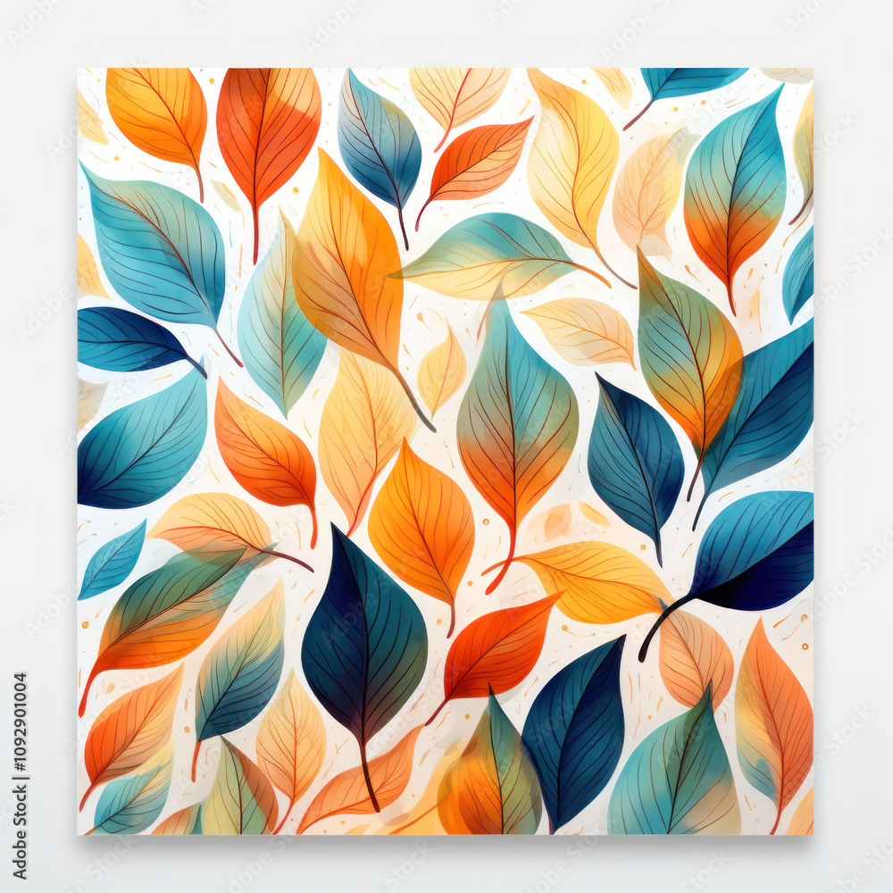 Poster an abstract composition depicting many multi-colored leaves on a light background.
