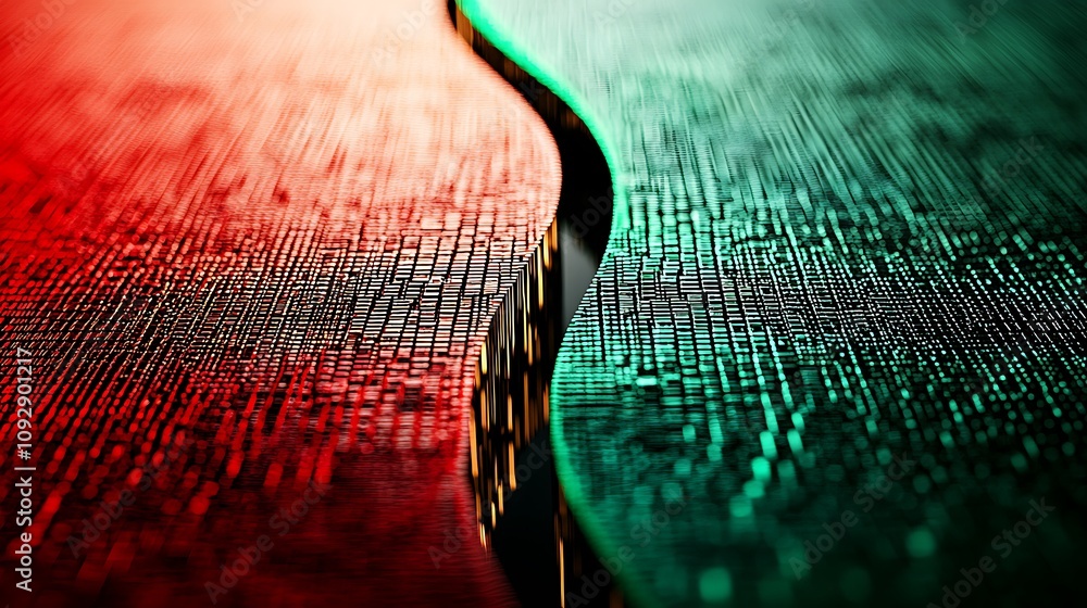 Poster a striking abstract image featuring a wavy boundary between vibrant red and green textures.