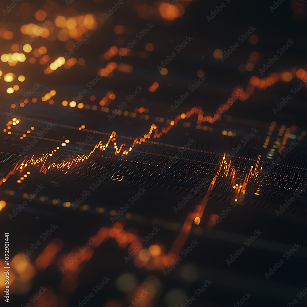 Poster a dynamic, abstract representation of stock market trends with glowing orange lines and points, illu