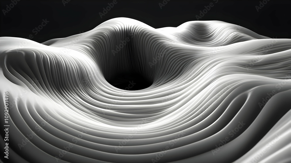 Poster abstract waves: 3d render of curving lines, forming a vortex, digitally created
