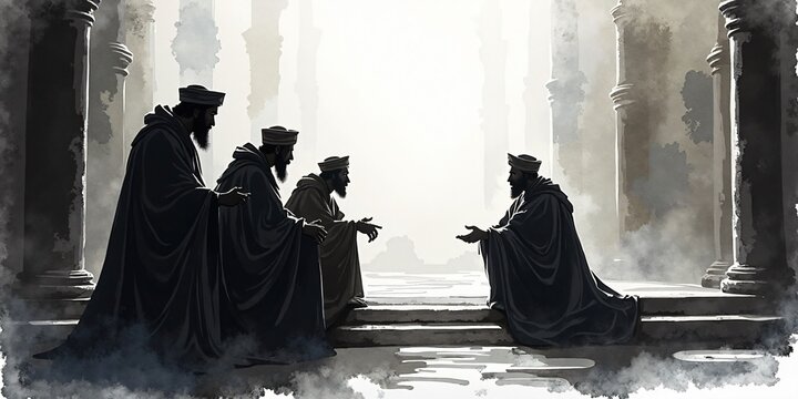 The Wise Men Meeting Herod, A tense scene of the Wise Men speaking with King Herod in his grand palace.