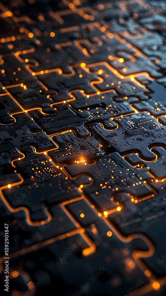 Poster a close-up view of an intricate circuit board design with glowing lines, showcasing a blend of techn