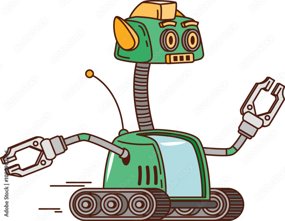 Poster Cartoon retro groovy robot character on wheels or robotic bot, vector cyber android. Kids funny retro robot or groovy cartoon cyborg with robotic face and gripper hands on caterpillar track wheels