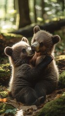 Fototapeta premium Two bear cubs are play-fighting in a serene forest glade, showcasing their playful bond amidst mossy surroundings.