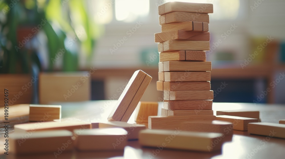 Poster Wooden Blocks Stacked in a Tower with One Block Falling on a Table in a Bright Room Filled with Sunlight and Green Plants in the Background