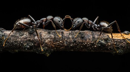 Fototapeta premium Two ants interacting on a branch against a black background.