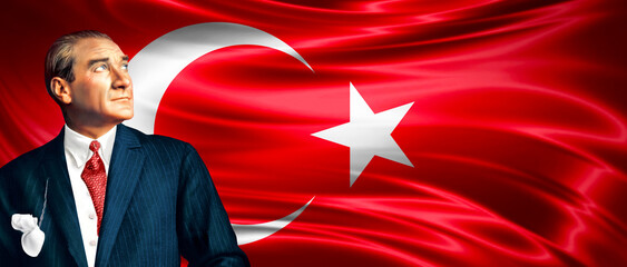 Waving Turkish Flag and Mustafa Kemal Atatürk.