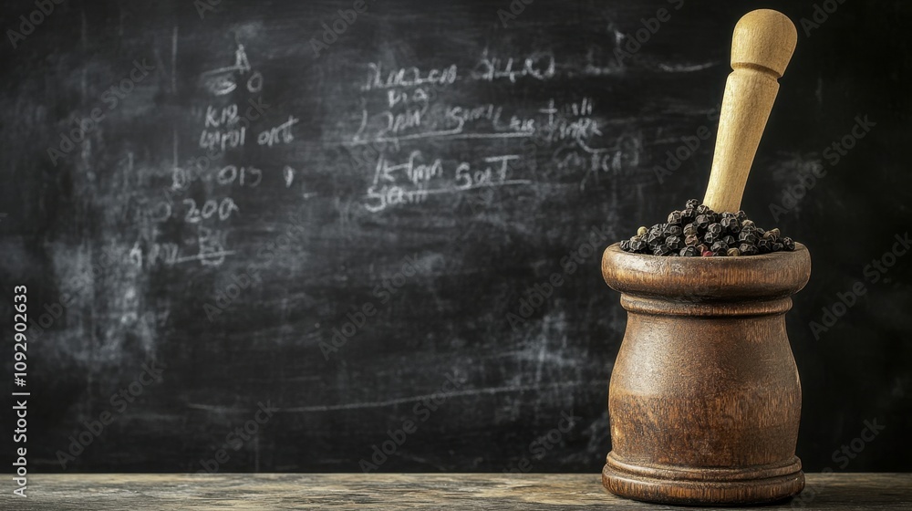 Poster black peppercorns in a wooden mortar on a rustic table in front of a chalkboard background with hand