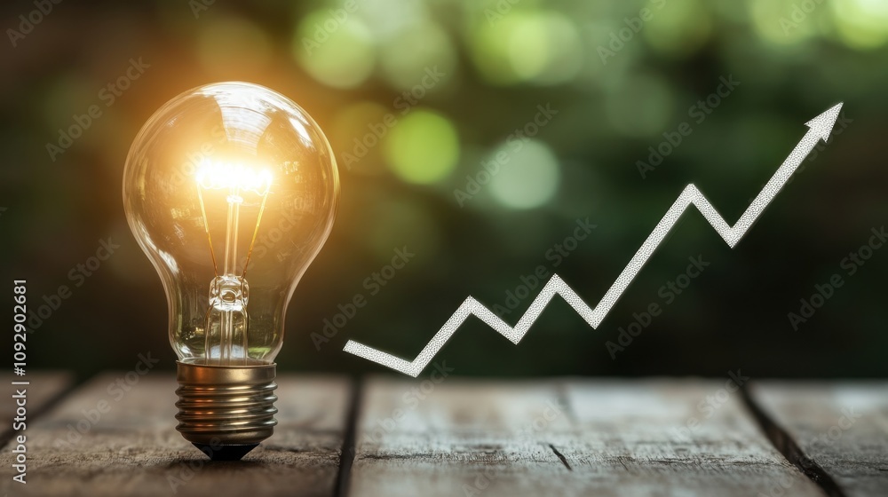 Poster light bulb representing ideas and innovation with graph arrow illustrating growth and progress on wo