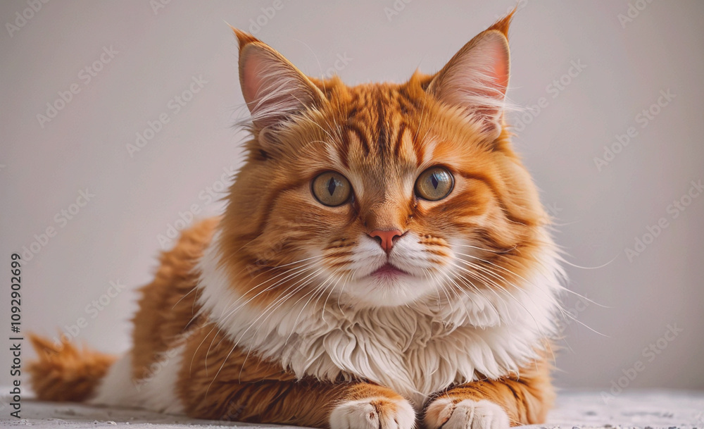 Poster cat with a white face and orange fur is laying on a bed. the cat has a white spot on its face