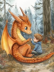 Hand draw Illustration art of dragon and boy for book (3:4)