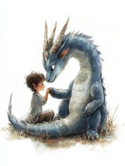 Hand draw Illustration art of dragon and boy for book (3:4)