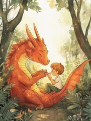 Hand draw Illustration art of dragon and boy for book (3:4)