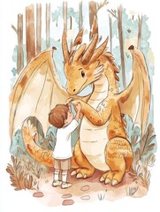 Hand draw Illustration art of dragon and boy for book (3:4)