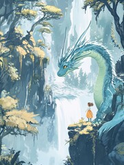 Hand draw Illustration art of dragon and girl for book (3:4)