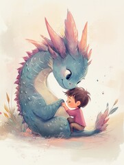 Hand draw Illustration art of dragon and boy for book (3:4)