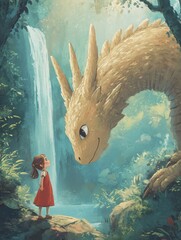 Hand draw Illustration art of dragon and girl for book (3:4)