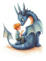 Hand draw Illustration art of dragon and boy for book on white background