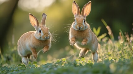 Obraz premium Two cute rabbits leap playfully in a sunny meadow filled with bright clover.