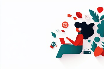 A woman working on a laptop surrounded by colorful elements.