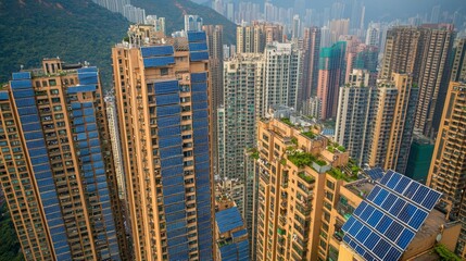 Obraz premium Aerial View of Urban Rooftops with Solar Panels and Green Spaces, Representing Sustainable Living in Cities