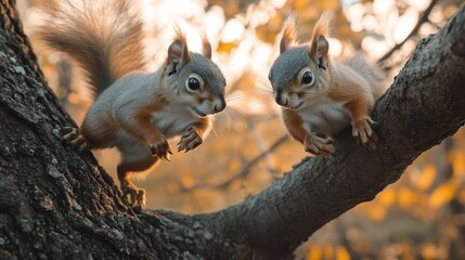 Obraz premium Two playful squirrels chase each other on a tree branch, surrounded by autumn leaves and soft evening light.