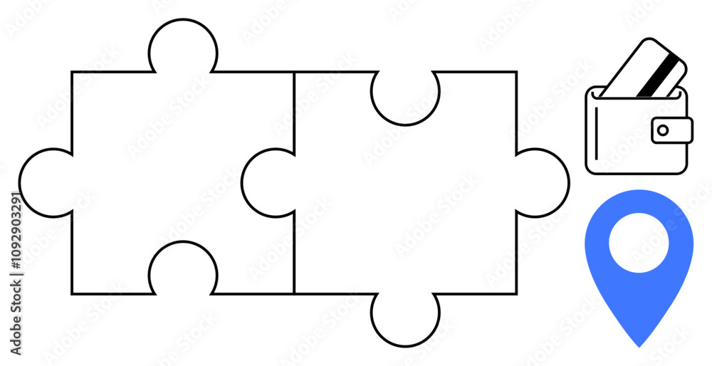 Poster two interlocking puzzle pieces next to a wallet with credit cards and a map location pin. ideal for 